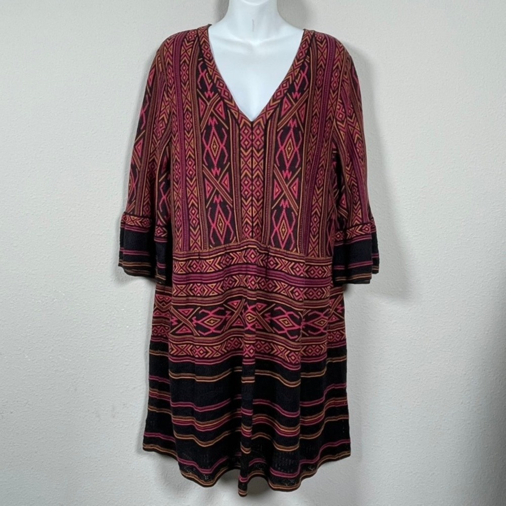 Peruvian Connection Dress Women XL Black Magenta Southwestern Knit Bell Sleeve